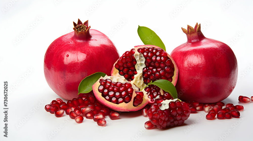 Ripe pomegranate and seeds isolated on white background Ripe pomegranate and seeds isolated on white background