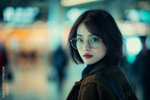 A lady with fashionable bob hairstyle and glasses walking through the airport © Miftakhul Khoiri