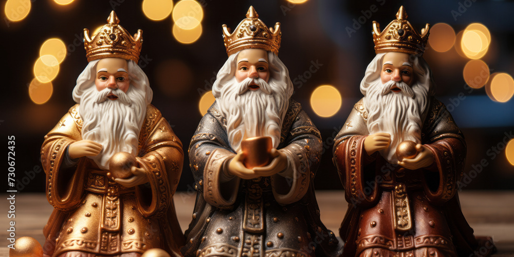 Three Wise Men Figurines in Regal Attire with Glistening Golden Crowns Against a Softly Lit Festive Background with Snowflakes