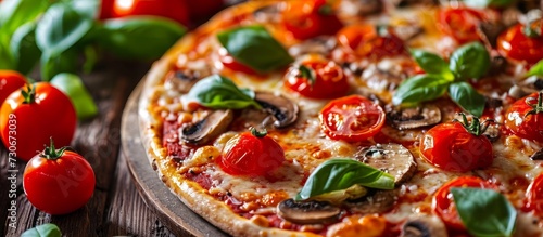 Close-up of a table with a fresh pizza topped with tomatoes, cheese, and mushrooms.
