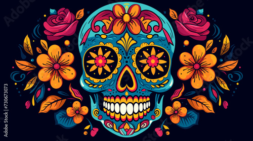 Vector background showcasing a stylized sugar skull reflecting cultural elements and vibrant colors in a Day of the Dead theme. simple minimalist illustration creative