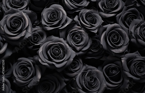 This photo showcases a bunch of very large black roses.