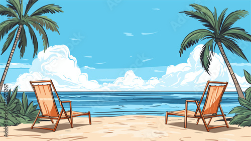 Vector depiction of a tropical beach with palm trees  beach chairs  and a clear blue sky  creating a visually inviting and relaxing coastal atmosphere. simple minimalist illustration creative © J.V.G. Ransika