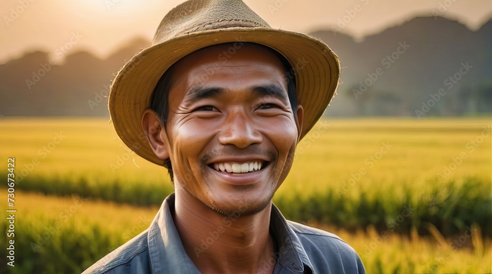 portrait of an Asian farmer in a rice field in the morning