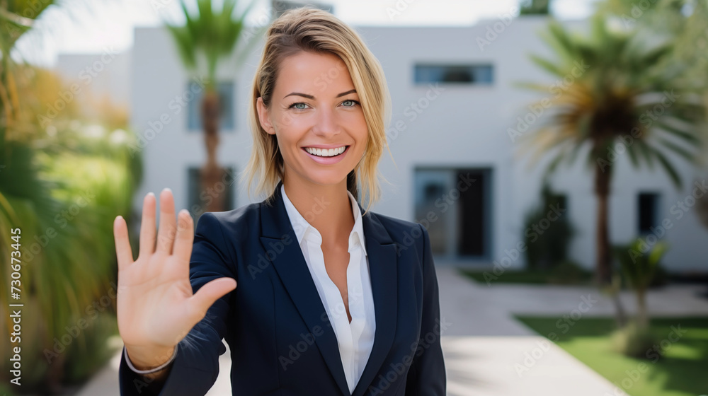 Female Real Estate Agent or broker with welcoming thumbs up gesture and show clients around properties