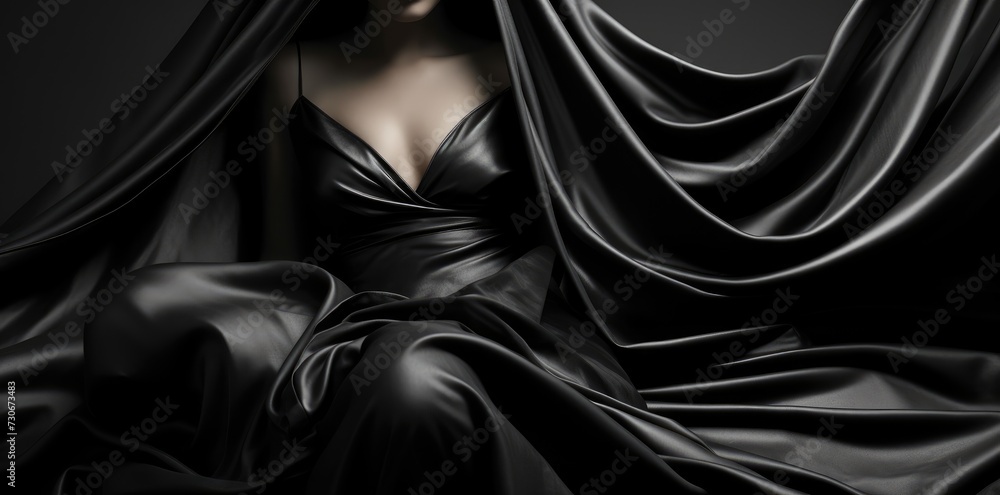 Fototapeta premium A photograph of a woman wearing a black dress against a black background.