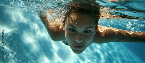 Young woman swimmer exercising in pool, captured underwater.
