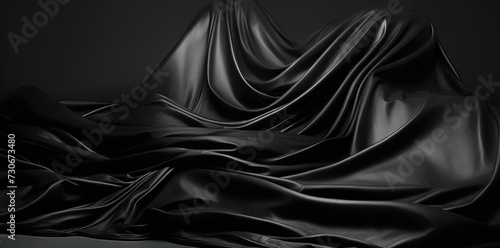 A black cloth billows and twists in the wind against a clear blue sky, creating dynamic movement.