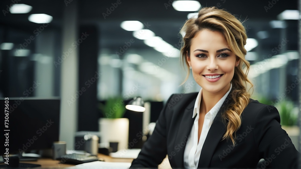 Young professional woman at office desk smiling to camera from Generative AI Young professional woman at office desk smiling to camera from Generative AI