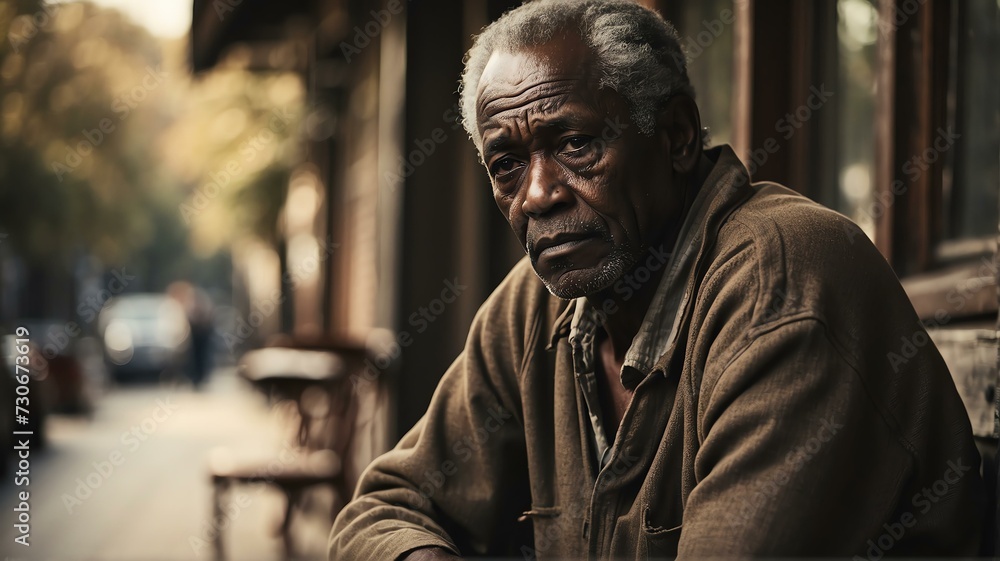 Naklejka premium Depressed senior elderly black african man sitting outside looking sad from Generative AI