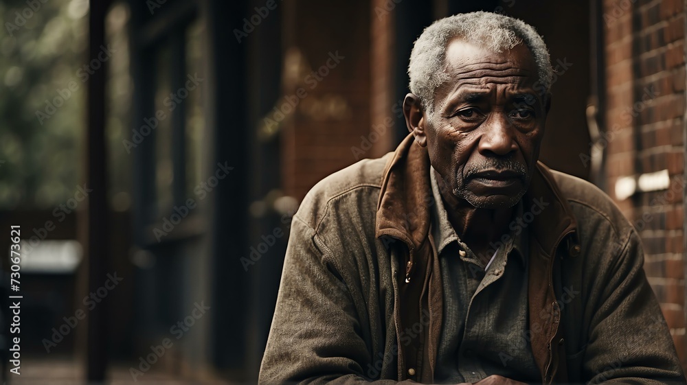 Depressed senior elderly black african man sitting outside looking sad from Generative AI Depressed senior elderly black african man sitting outside looking sad from Generative AI
