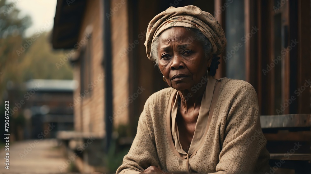 Depressed senior elderly black african woman sitting outside looking sad from Generative AI