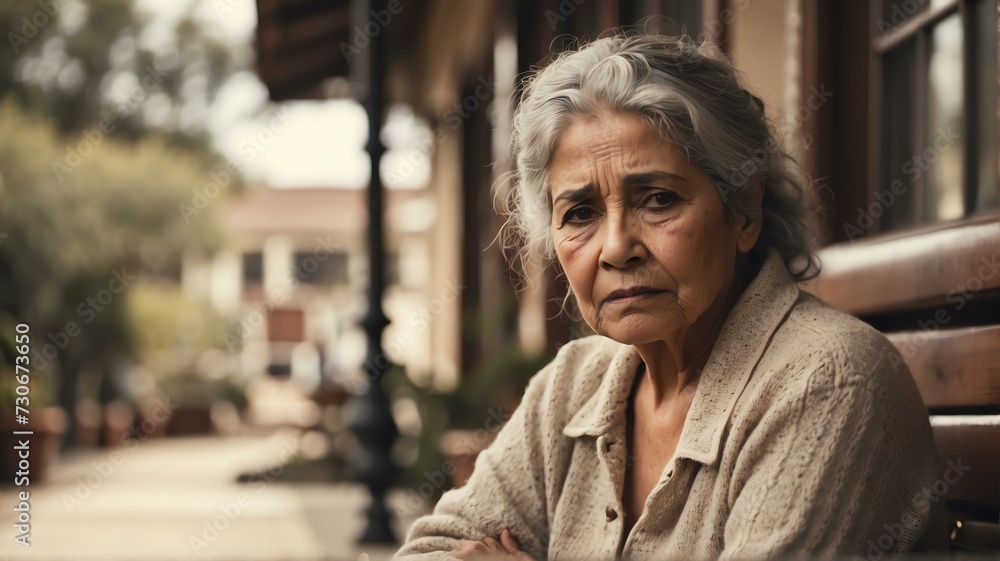 Depressed senior elderly hispanic woman sitting outside looking sad from Generative AI