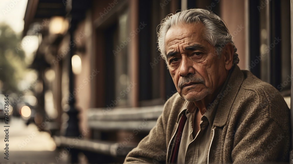 Depressed senior elderly hispanic man sitting outside looking sad from Generative AI