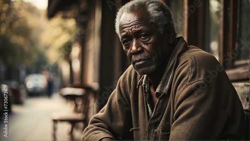 Depressed senior elderly black african man sitting outside looking sad from Generative AI