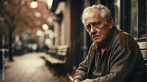 Depressed senior elderly man sitting outside looking sad from Generative AI