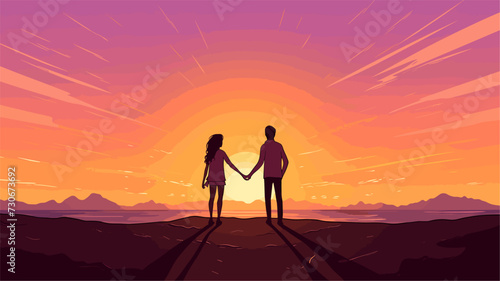 Vector art background illustrating the bond of friendship  with silhouettes of friends holding hands against a sunset sky. simple minimalist illustration creative