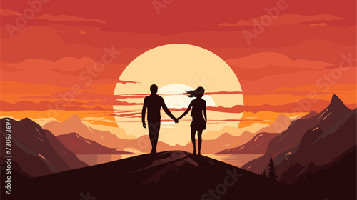 Vector art background illustrating the bond of friendship with silhouettes of friends holding hands against a sunset sky. simple minimalist illustration creative