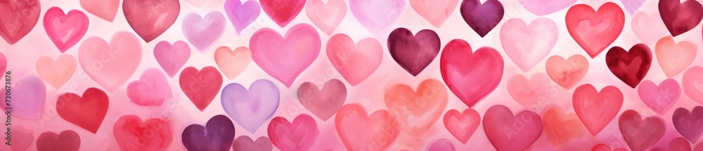 A vibrant painting featuring multiple hearts in various sizes and shades of pink on a solid pink background.