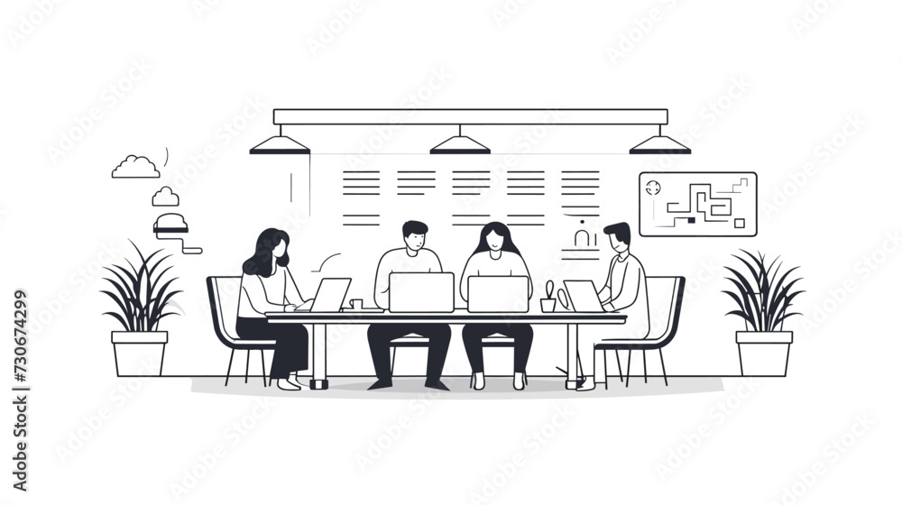 Vector illustration of a collaborative office setting with employees engaged in teamwork  discussions  and project planning  conveying a dynamic work culture. simple minimalist illustration creative
