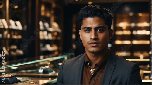 Portrait of a young immigrant man as sales assistant on a luxury jewelry store shop background from Generative AI