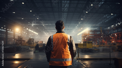 man in a protective vest visits an aircraft factory. Back view