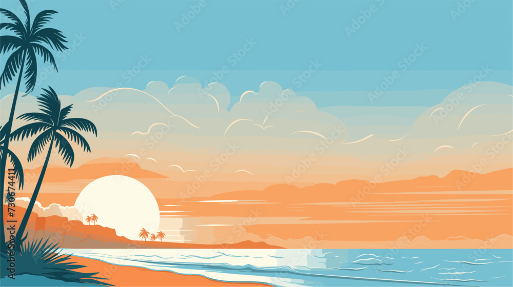 Vector art background capturing the essence of summer  featuring a vibrant beach scene with golden sands  azure waters  and palm trees swaying in the warm breeze. simple minimalist illustration