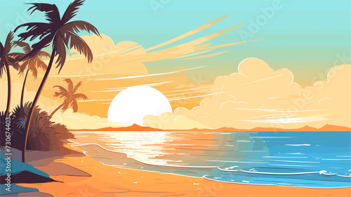 Vector art background capturing the essence of summer  featuring a vibrant beach scene with golden sands  azure waters  and palm trees swaying in the warm breeze. simple minimalist illustration