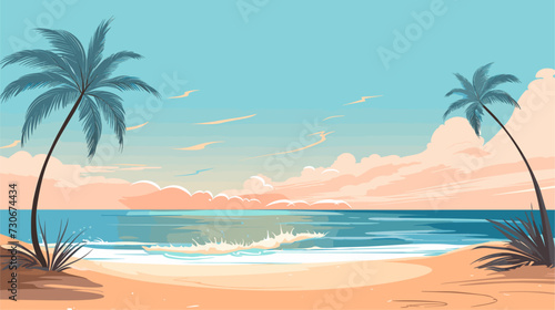 Vector art background capturing the essence of summer  featuring a vibrant beach scene with golden sands  azure waters  and palm trees swaying in the warm breeze. simple minimalist illustration