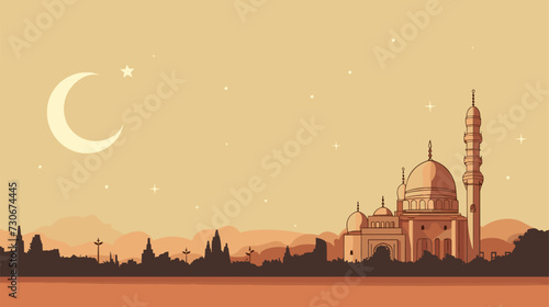 Ramadan-themed vector illustration with a rustic charm  using warm earthy tones  traditional details  and symbols of the crescent moon and mosque for a visually dynamic and spiritually resonant photo