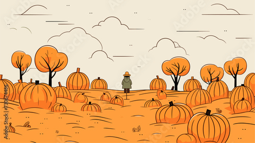 Pumpkin patch vector illustration with rows of pumpkins  scarecrows  and autumn leaves  celebrating the harvest season and Halloween spirit. simple minimalist illustration creative