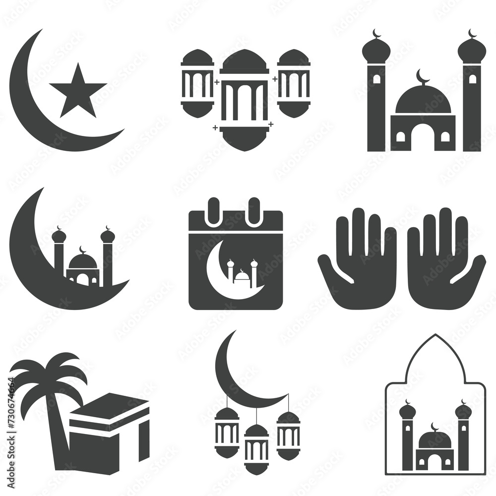set of Ramadan vector icons, muslim, mubarak, mosque, monument, islam, illustration, icon, modern, landmark, islamic, historic, grey, graphic, facade, design, culture, collection, church, cathedral