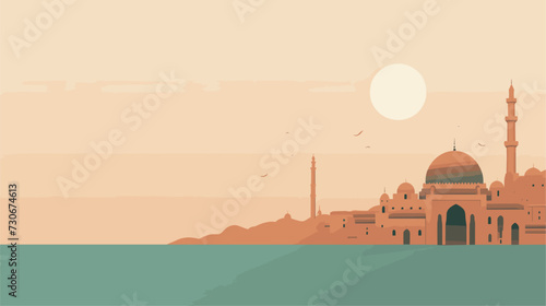 Islamic-themed vector background with a contemporary touch  using minimalist elements  crescent moons  and a serene color palette to convey a sense of tranquility and cultural richness. simple