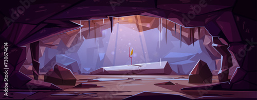 Interior of dark underground cave with rays of sunlight passing from above and shining on small growing plant with leaf. Cartoon vector illustration of dungeon inside with stone walls and stalactites.