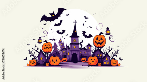 Vector scene of a Halloween carnival with rides  games  and costumed attendees  evoking a festive and lively atmosphere. simple minimalist illustration creative