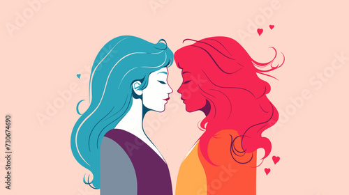 Lesbian-themed vector scene with a whimsical touch incorporating abstract patterns diverse symbols and a lively color palette for a visually engaging and meaningful composition. simple minimalist