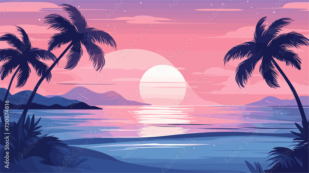 Vector art capturing the beauty of a beach during twilight  with palm trees  gentle waves  and a warm  dreamy color palette for a visually captivating and peaceful composition. simple minimalist