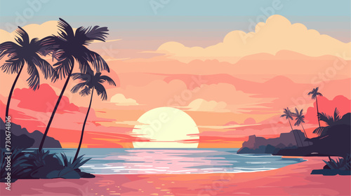 Vector art capturing the beauty of a beach during twilight  with palm trees  gentle waves  and a warm  dreamy color palette for a visually captivating and peaceful composition. simple minimalist