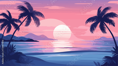 Vector art capturing the beauty of a beach during twilight  with palm trees  gentle waves  and a warm  dreamy color palette for a visually captivating and peaceful composition. simple minimalist © J.V.G. Ransika