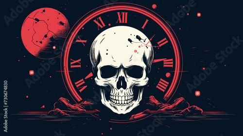 Skull and clock vector design  blending mortality and the passage of time in a conceptually rich visual. simple minimalist illustration creative