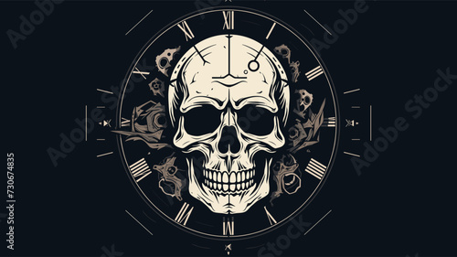 Skull and clock vector design  blending mortality and the passage of time in a conceptually rich visual. simple minimalist illustration creative