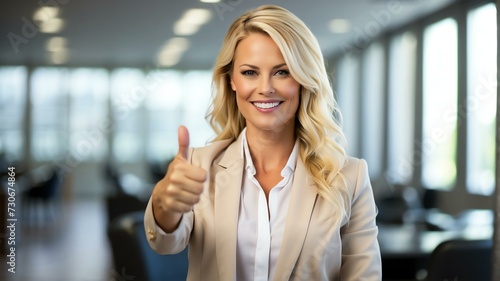 Portrait of an blonde executive business manager owner woman smiling on the camera and with thumbs up from Generative AI