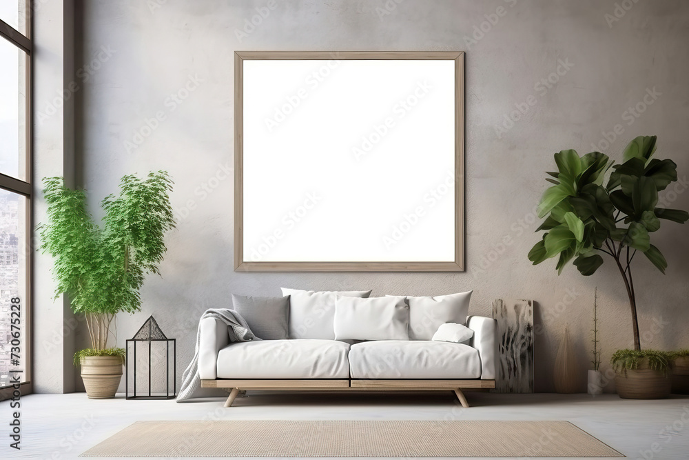 Lounge Area Decor with Empty Frame on Wall and Stylish Interior Lounge Area Decor with Empty Frame on Wall and Stylish Interior
