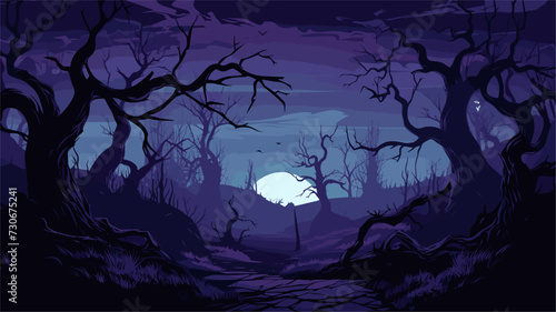 Spooky forest vector art with gnarled trees  mist  and lurking creatures  creating a mysterious and haunting ambiance perfect for Halloween. simple minimalist illustration creative
