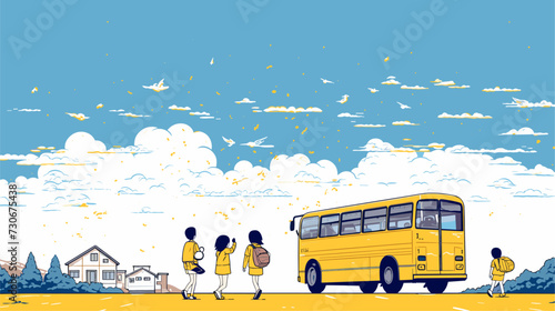 Vector background depicting a school bus scene  with children boarding and waving  evoking a sense of excitement and anticipation. simple minimalist illustration creative