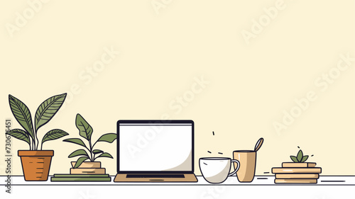 Office-themed vector background with a contemporary touch  highlighting elements like laptops  coffee cups  and office plants for a warm and inviting feel. simple minimalist illustration creative