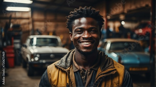 Young black african car repair man on the garage warehouse smiling to camera from Generative AI