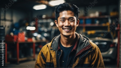 Young asian car repair man on the garage warehouse smiling to camera from Generative AI