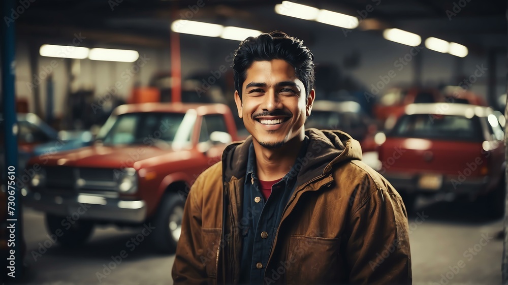 Young hispanic car repair man on the garage warehouse smiling to camera from Generative AI Young hispanic car repair man on the garage warehouse smiling to camera from Generative AI