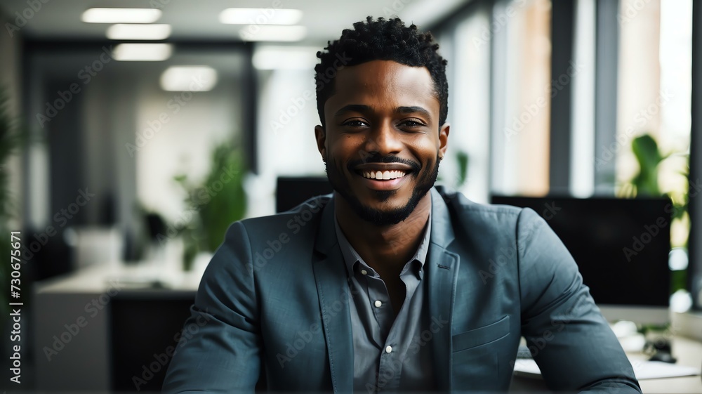 Young professional black african man at office desk smiling to camera from Generative AI Young professional black african man at office desk smiling to camera from Generative AI